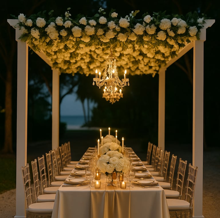 Elegant outdoor dining event under a pergola with luxury table settings, floral arrangements, and ambient lighting by Las Car