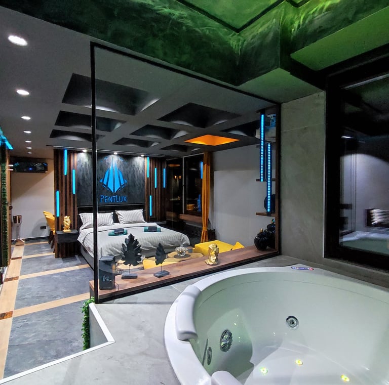 a bedroom with a large tub