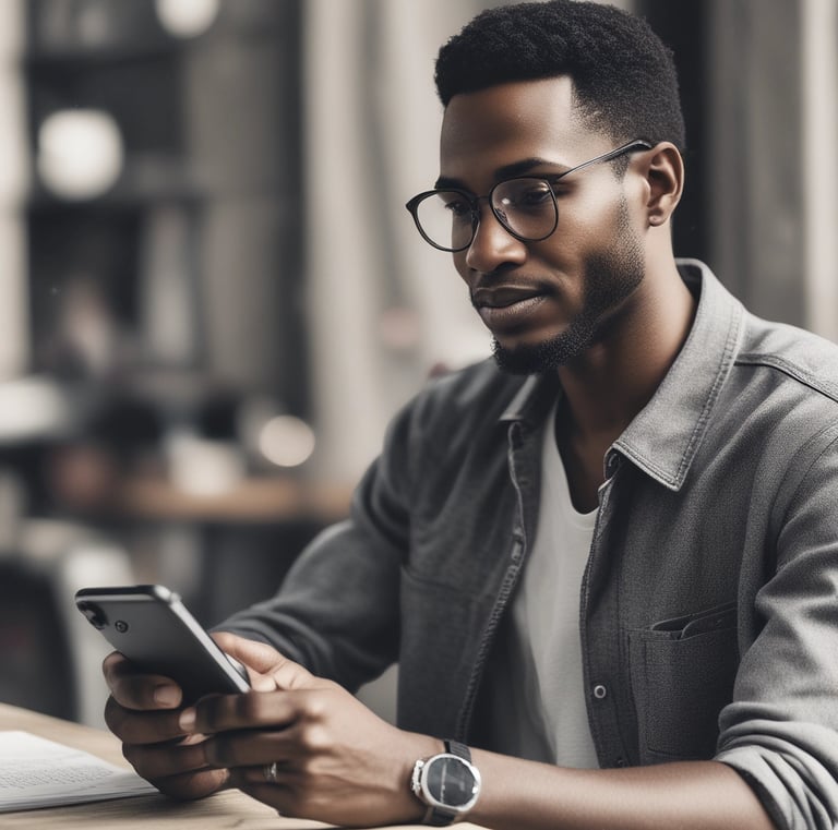 A hand holding a pen poised over a blank notebook on a wooden desk, with a large microphone in the foreground suggesting a recording or journal setup.