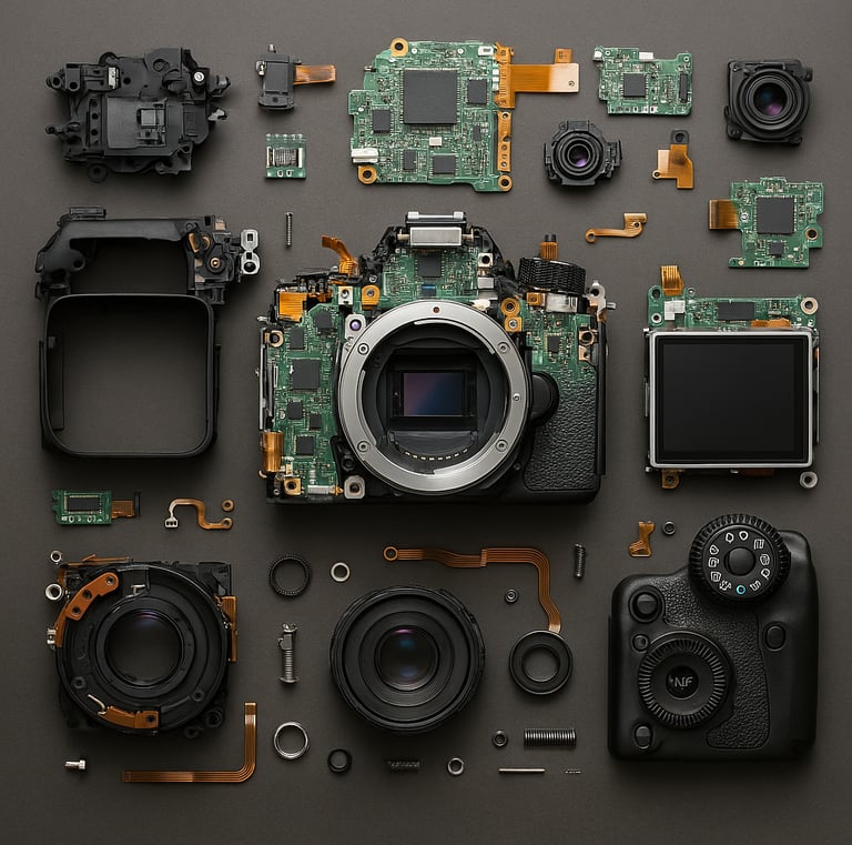 A disassembled camera on the work bench