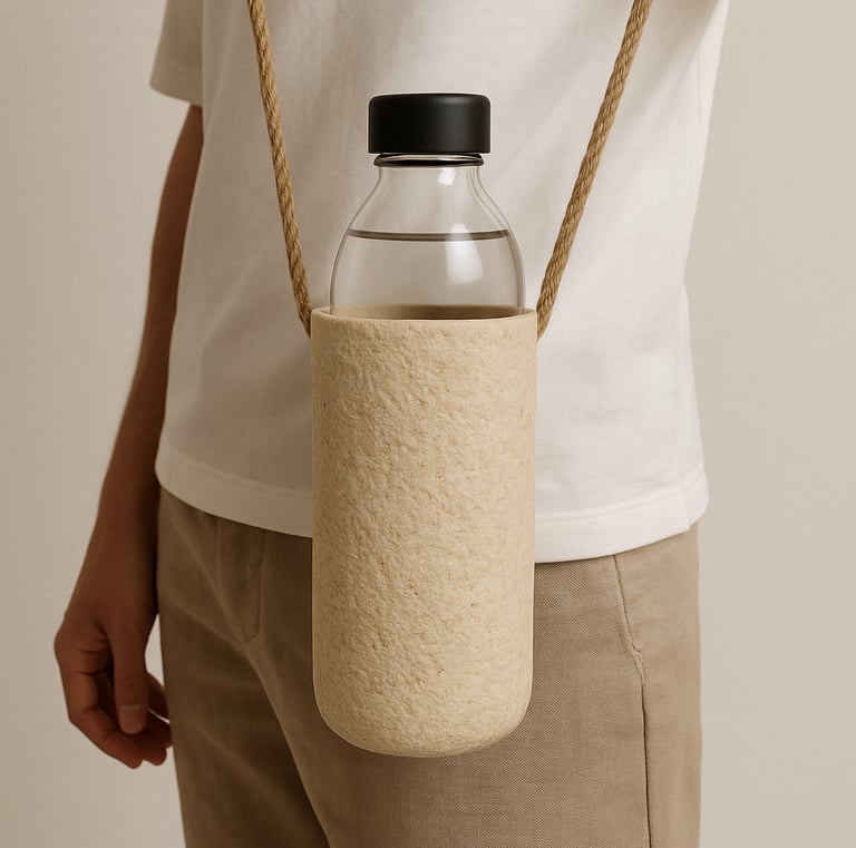 Equa™ bottle containers and temperature guards being shown by a person