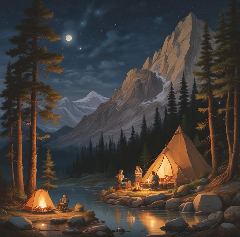 A peaceful campsite located in a dense forest has a yellow and blue tent set up on grassy ground alongside an SUV. A picnic table is nearby, with a person sitting at it, perhaps enjoying the natural surroundings. The area is surrounded by tall evergreen trees, and there's a fire pit made of stones.