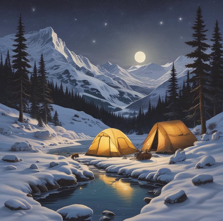 A camping scene set in a mountainous region with tall pine trees under a starry night sky. A white car is parked beside a pitched tent near a flowing stream. The mountains are illuminated, possibly by moonlight or early evening light, adding depth to the landscape.
