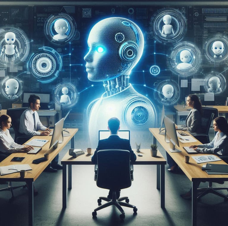 an office full of chatbot workers and only one human at their office desk with a translucent figure