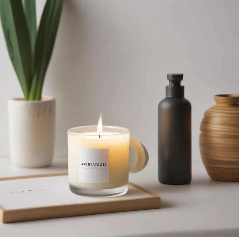 An artisanal soap bar with 'Savons Arthur' engraved on it sits on a wooden soap dish. Next to it is a bottle of liquid soap labeled 'Savons Arthur Bio Lavande.' Both items rest on a wooden tray with a white cloth. A glass bottle with dried lavender adds a rustic touch to the composition.