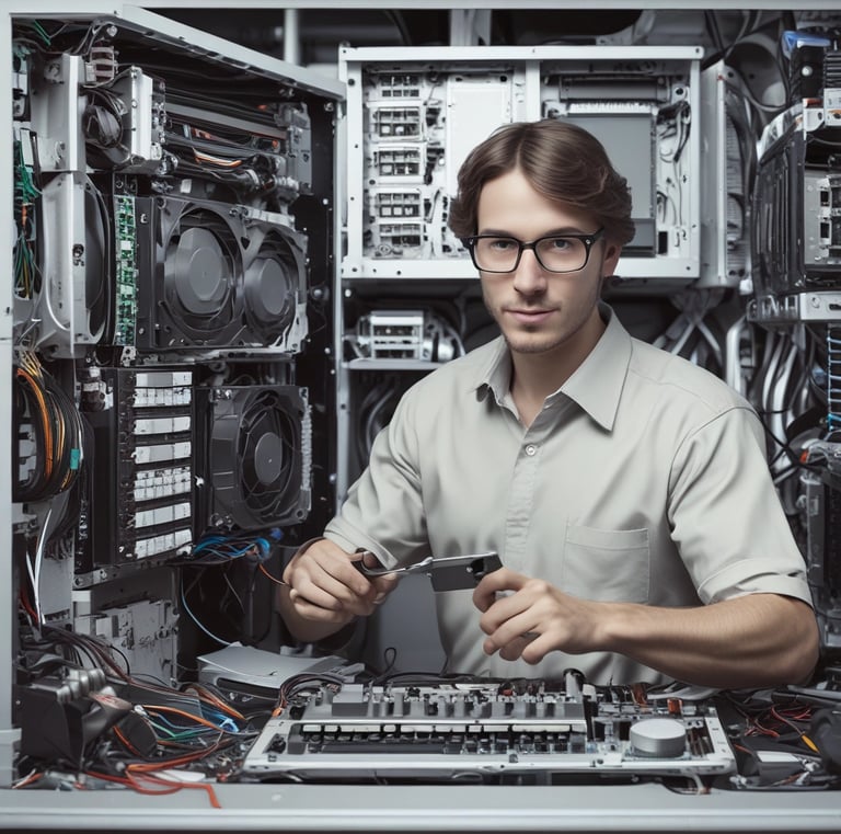 a man in a white shirt is working on a computer