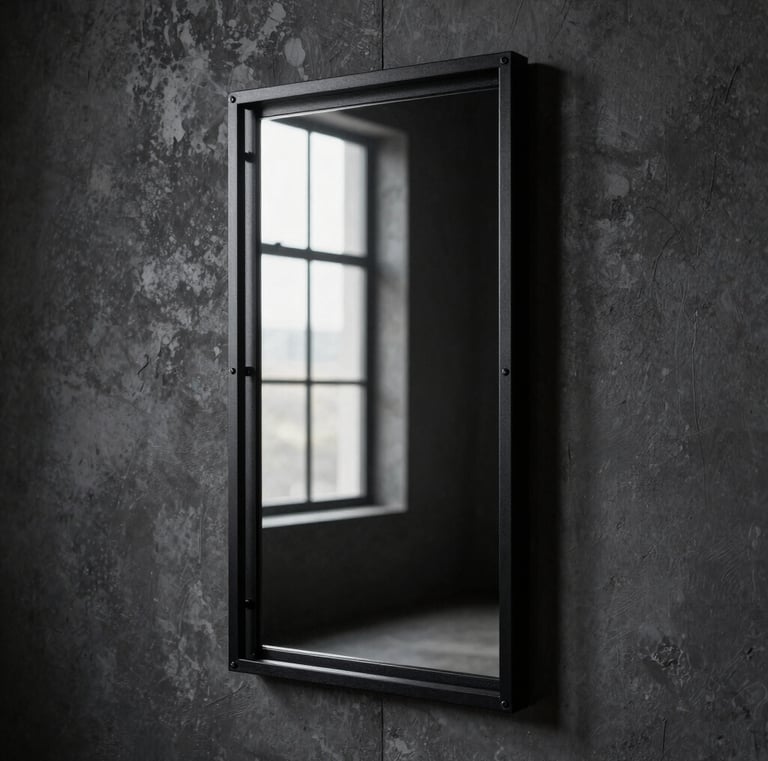 Miroir rectangulaire minimaliste sur mur en béton.