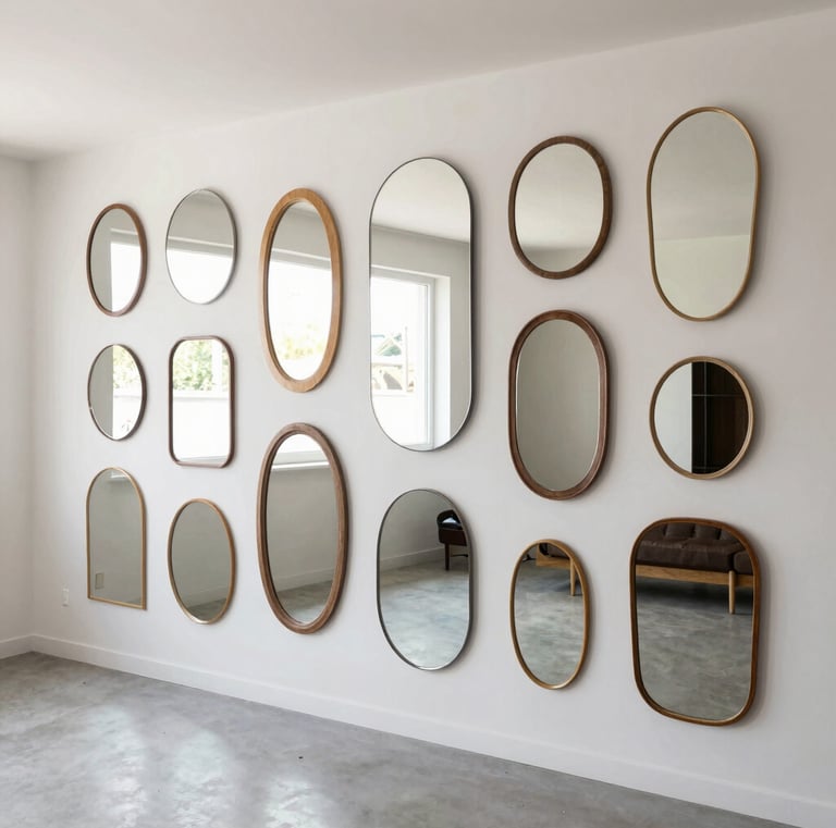 Composition murale de plusieurs miroirs ovales.