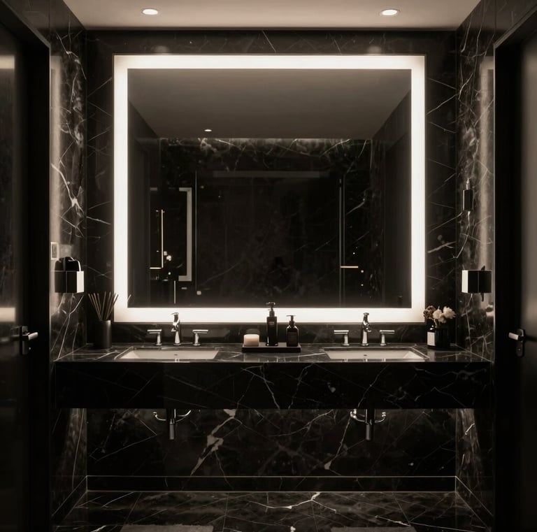 Miroir carré à éclairage LED pour salle de bain.