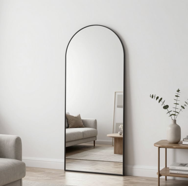 Grand miroir arche noir posé au sol dans un salon.