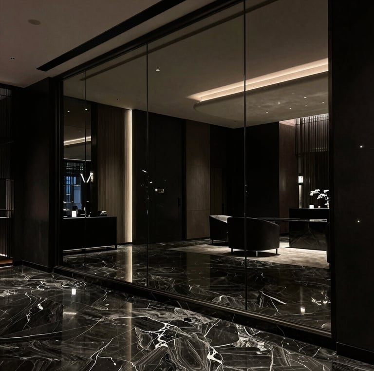 Grand mur de miroirs teintés noirs dans un hall.