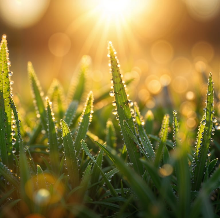 Sparkling dew drops cling to vibrant green blades of grass, illuminated by the warm glow of a morning sunrise.