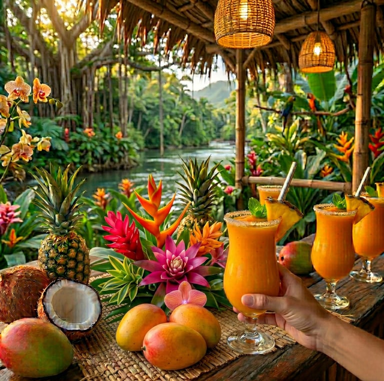 A hand holding a tropical orange cocktail under a thatched hut with lush green jungle scenery behind.