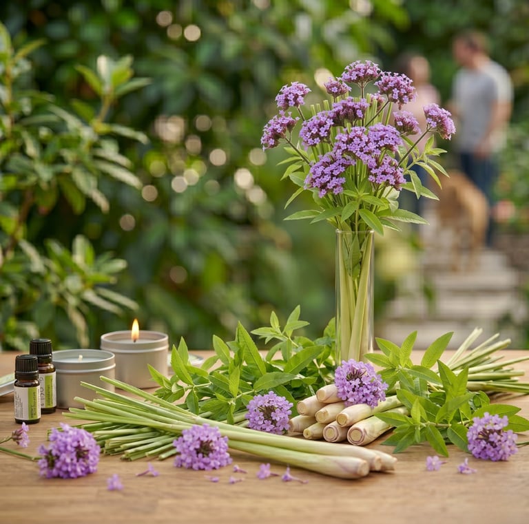 Bundles of fresh lemongrass and purple flowers arranged beautifully on a wooden table with essential oils.
