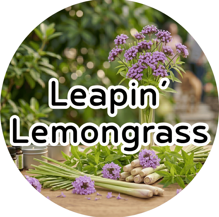 Stalks of lemongrass and purple flowers with white overlay text reading "Leapin' Lemongrass." Fresh and herbal vibe.
