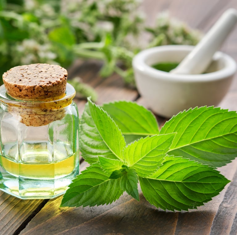 Fresh green mint leaves next to an oil dropper bottle, with a white mortar and pestle in the soft background.