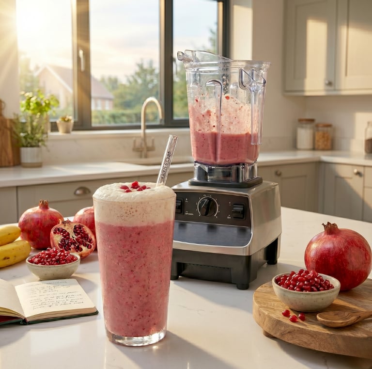 A close-up of a creamy pink smoothie in a glass topped with fresh, vibrant red pomegranate seeds.