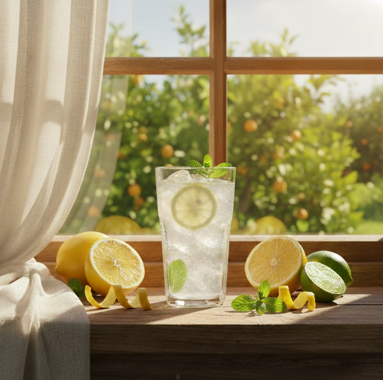 A bubbly lemon drink on a sunny windowsill next to cut lemons, limes, and fresh mint with a green garden view.