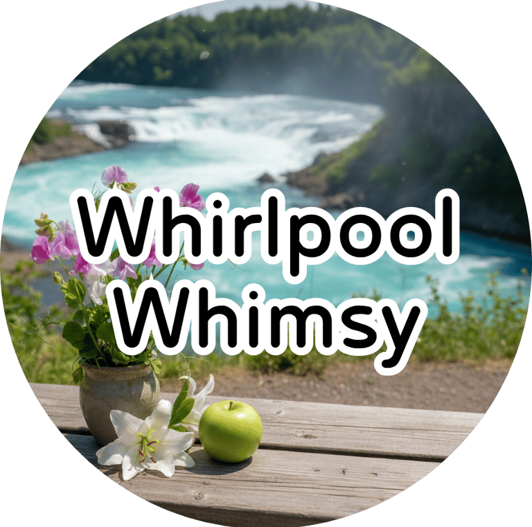 Pink flowers, a white lily, and a green apple on a wooden railing overlooking a rushing turquoise river whirlpool.