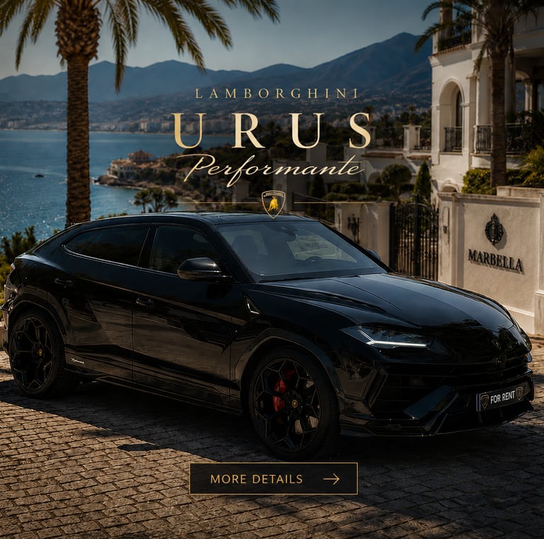 Black Lamborghini Urus Performante luxury SUV parked in Marbella with scenic coastal mountain views.