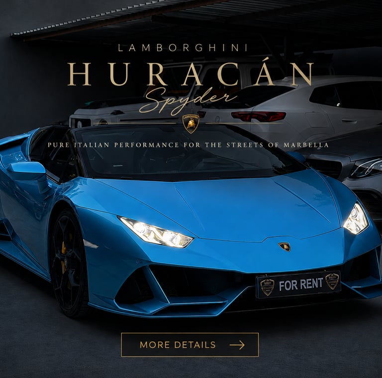 A blue Lamborghini Huracan Spyder luxury supercar for rent in Marbella, parked in a showroom garage.