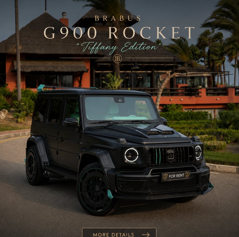 A custom Brabus G900 Rocket Tiffany Edition luxury SUV in matte black parked at an exotic tropical resort.