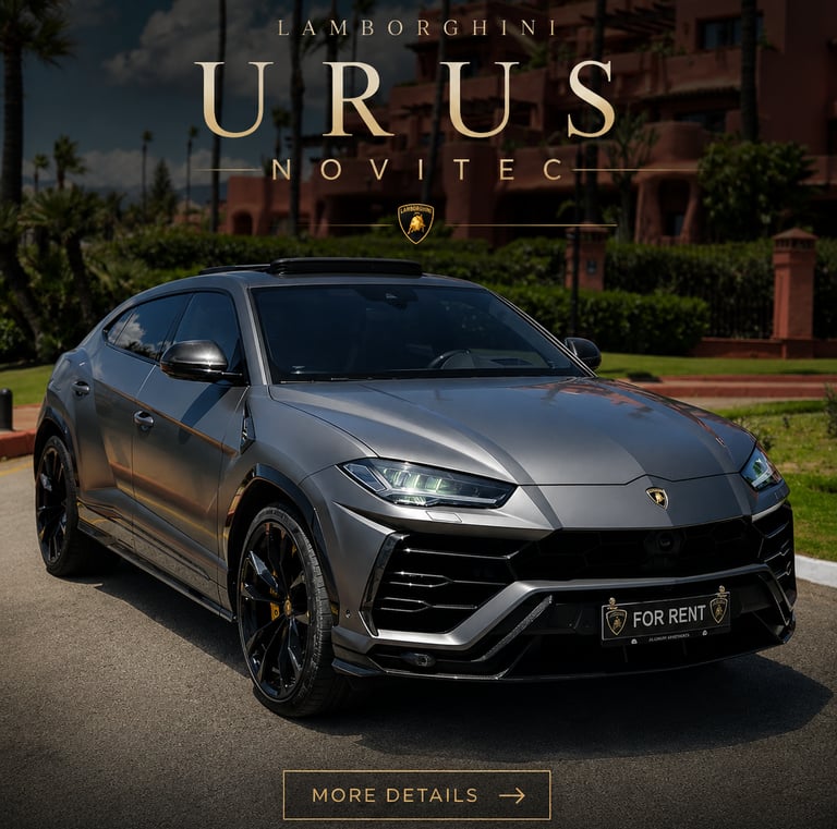 A matte grey Lamborghini Urus Novitec luxury SUV parked on a sunny street for rent.