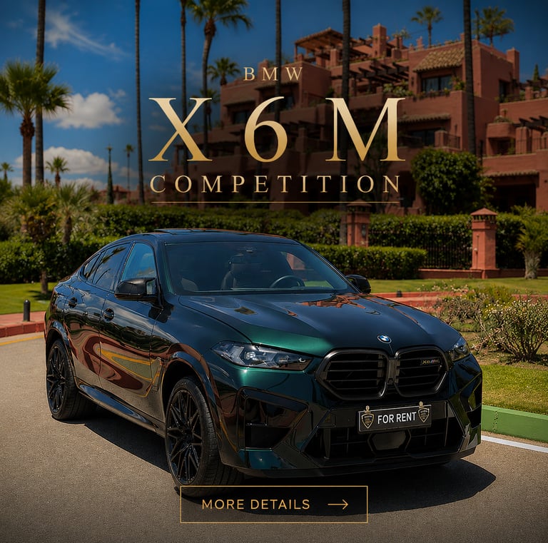 A dark green BMW X6 M Competition luxury SUV for rent parked in front of a tropical resort.