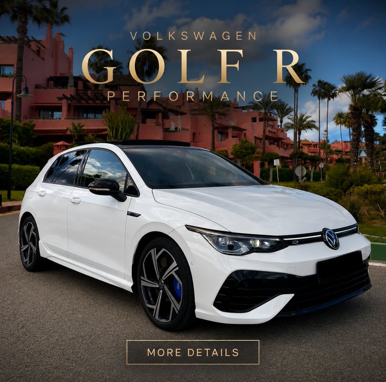 White Volkswagen Golf R Performance hatchback parked at a tropical luxury resort with palm trees.