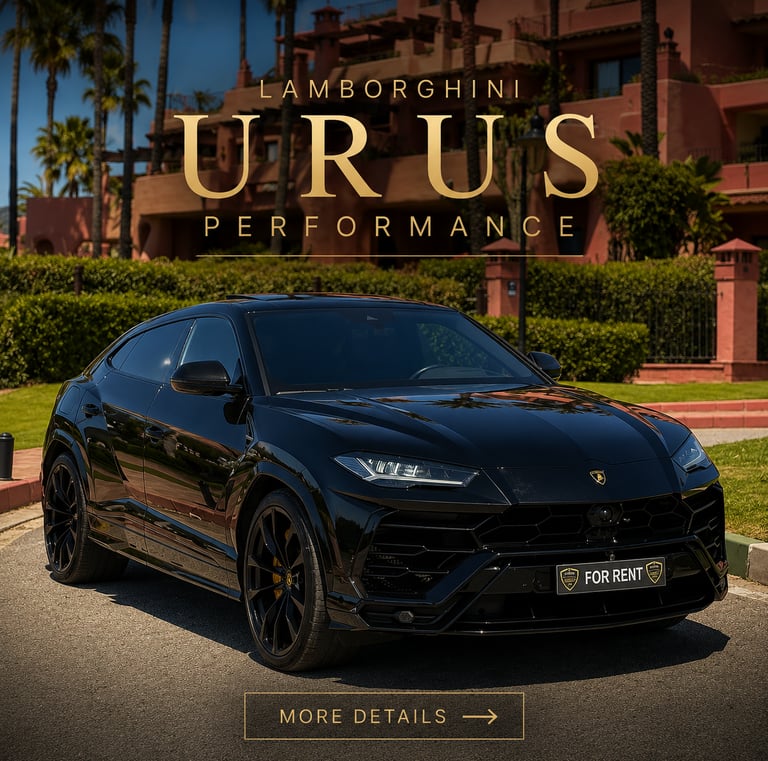 Black Lamborghini Urus luxury SUV rental parked in front of a Mediterranean villa with palm trees.