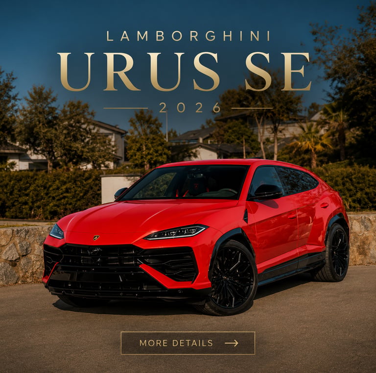 Red 2026 Lamborghini Urus SE luxury SUV parked outdoors with text overlay and trees.