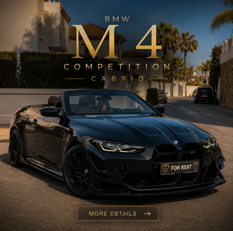 Black BMW M4 Competition Cabrio luxury rental car parked on a sunny street with palm trees.