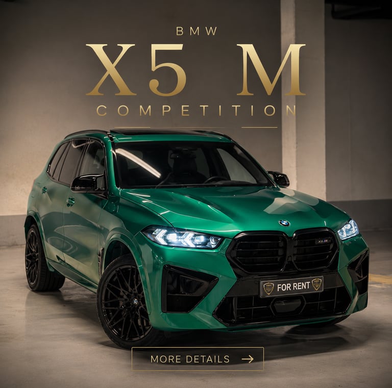 Green BMW X5 M Competition luxury SUV available for rent in a modern garage setting.