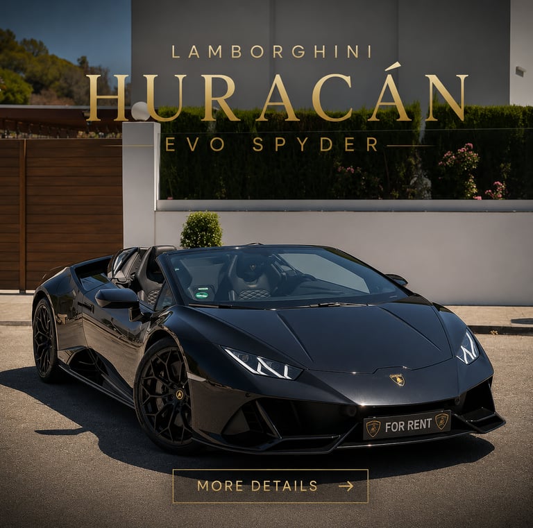 A sleek black Lamborghini Huracan Evo Spyder convertible parked outside a modern villa for luxury car rental.