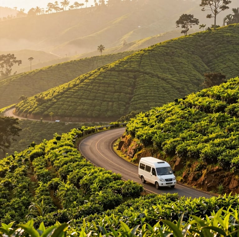 Wide environmental shot of Munnar tea hills under soft morning mist, a clean white traveler vehicle subtly integrated on a winding road, warm golden-hour tropical daylight, 35mm