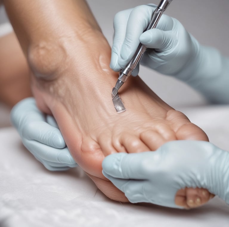 A podiatrist performing a biomechanical foot assessment with a patient standing
