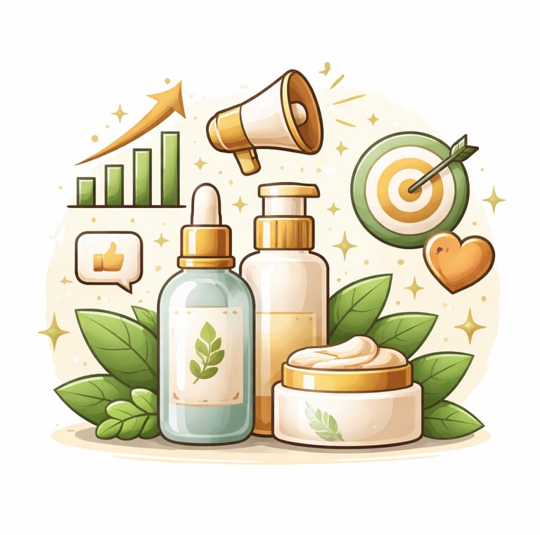 Illustration of skincare product launch, featuring beauty goods and marketing icons