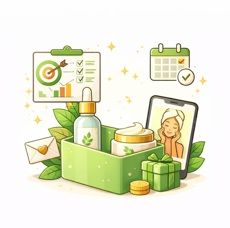 Illustration of a green skincare subscription box with products, leaves, and marketing icons