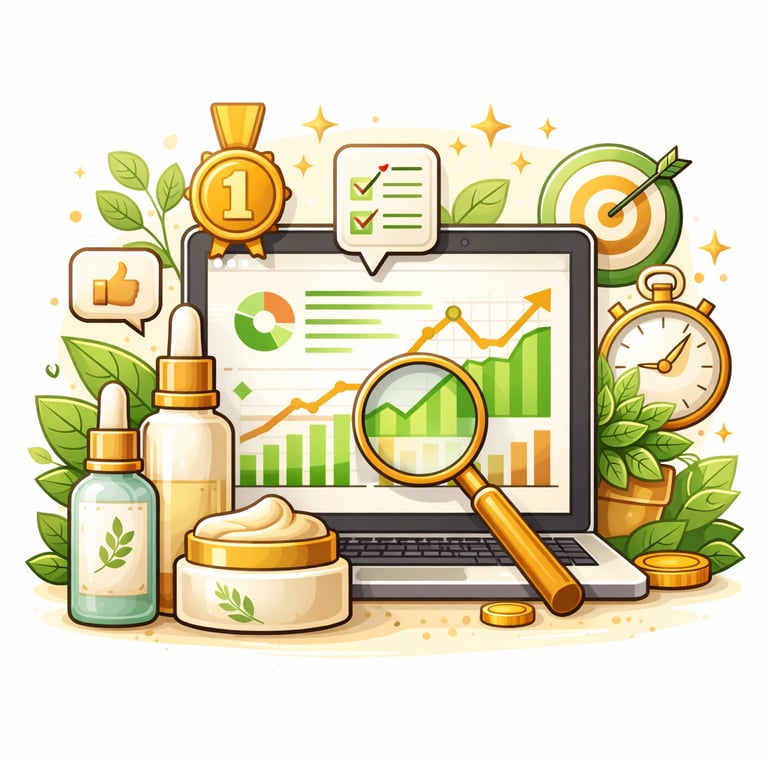 Illustration showing website analytics for a skincare brand, featuring a laptop and skincare items