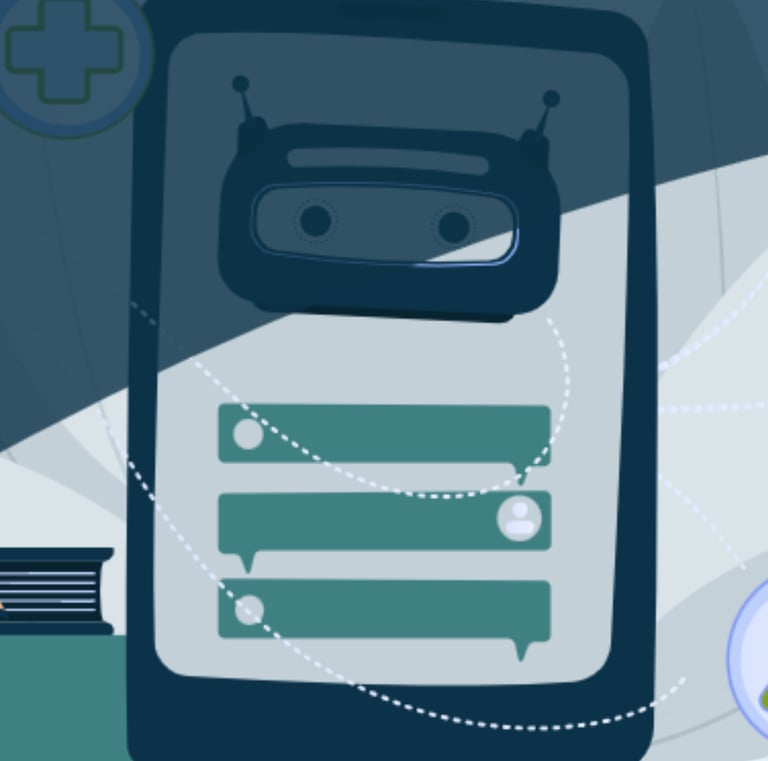 Illustration of a tablet with a robot on the screen, surrounded by medtech icons