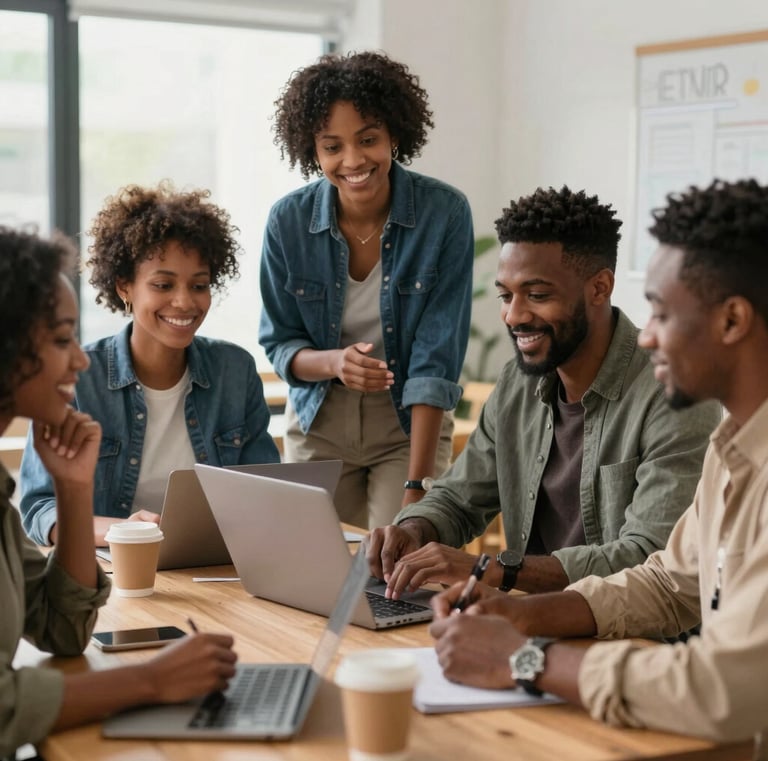 A warm, professional image of a Black businesswoman assisting a client in a modern office setting with royal blue and canary yellow accents.