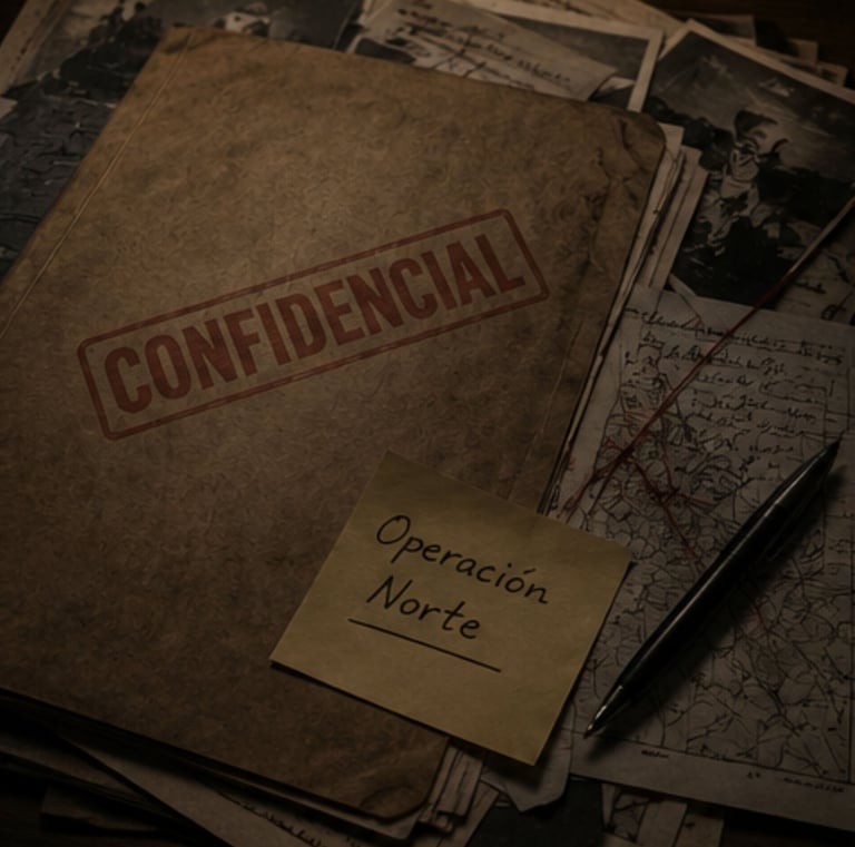 Vintage confidential dossier with Operación Norte sticky note and old maps.