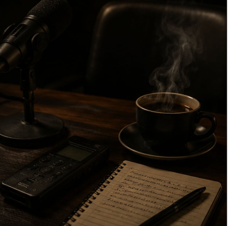 Professional podcast microphone, steaming coffee, and notebook for recording audio content.