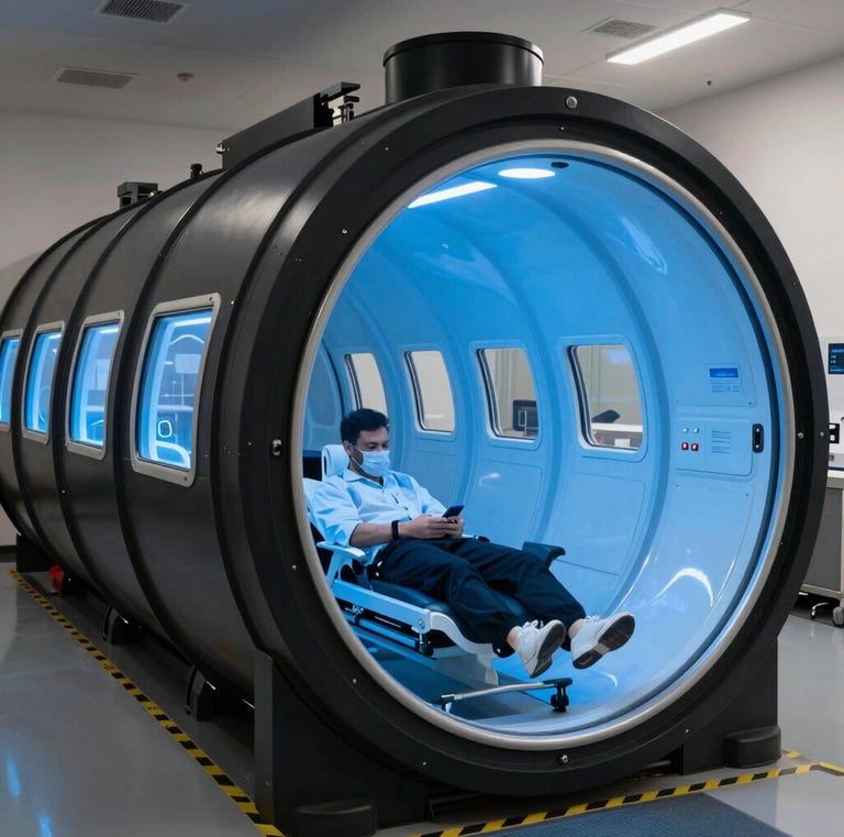 Athletes walking through a stadium tunnel leading to a hyperbaric chamber session