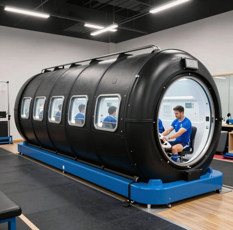 Modern hyperbaric oxygen chamber interior with sleek seating and bright lighting