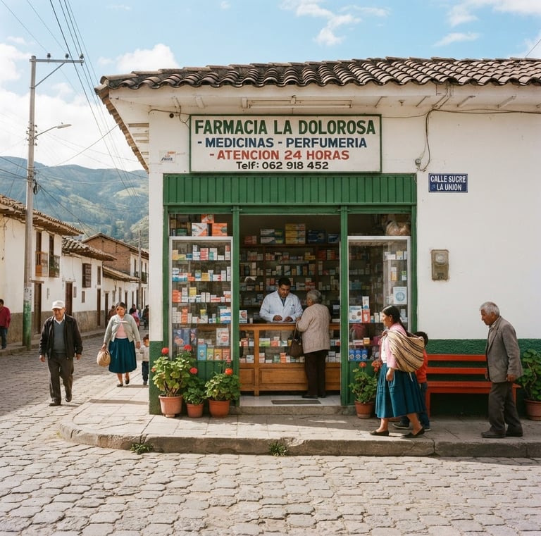Wide shot of Farmacia La Dolorosa storefront on Calle Sucre y La Unión in San Pablo del Lago, Ecuador, bright natural daylight, warm community photography, pharmacist visible inside, local residents walking by, 35mm