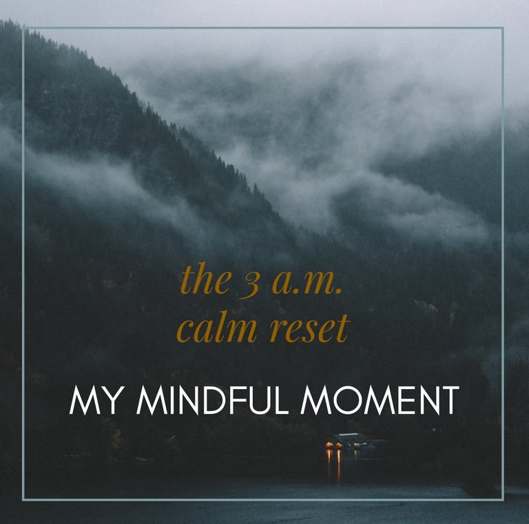 Misty forest mountain at night with a cabin lake reflection for mindful meditation.