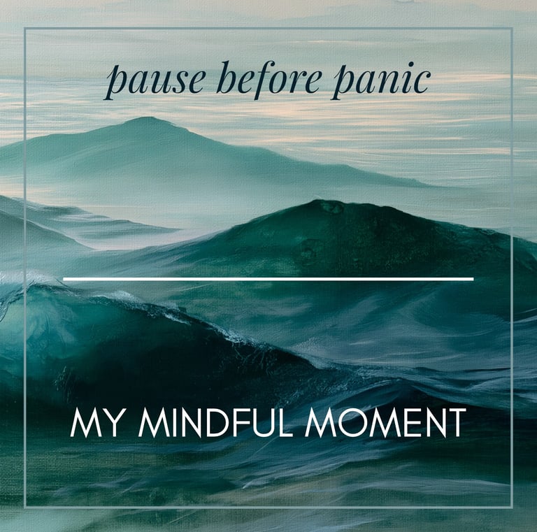 Serene teal mountain landscape painting with mindfulness quotes about anxiety and mental health.