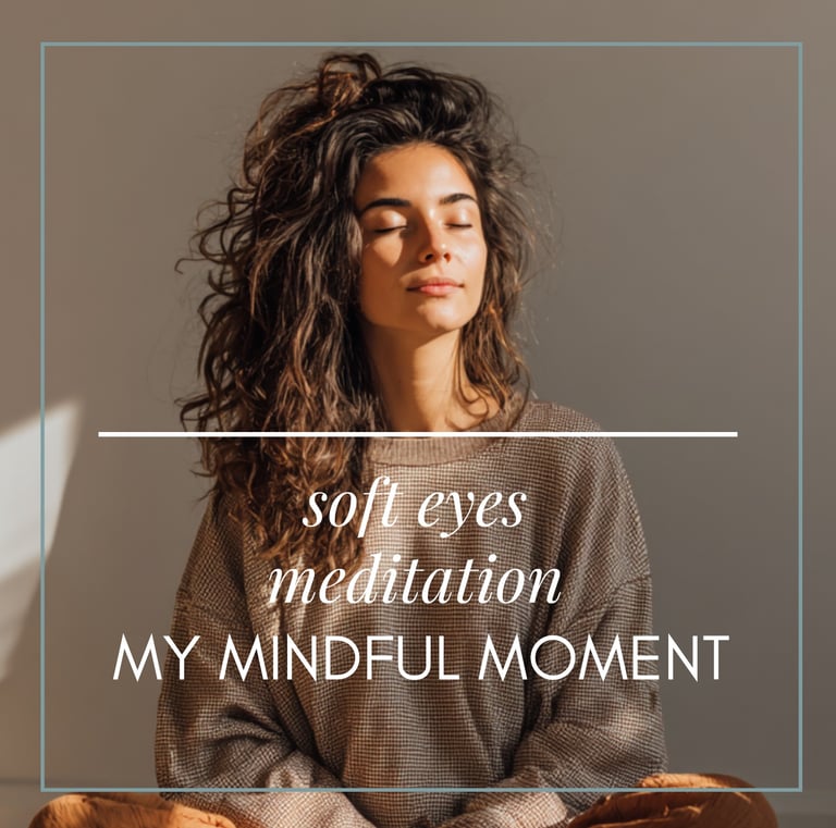 A woman with curly hair practicing soft eyes meditation and mindfulness in sunlight.