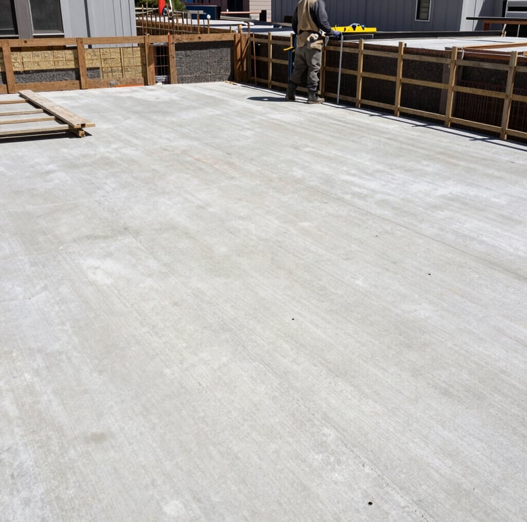 Finished concrete driveway gleaming under the California sun.